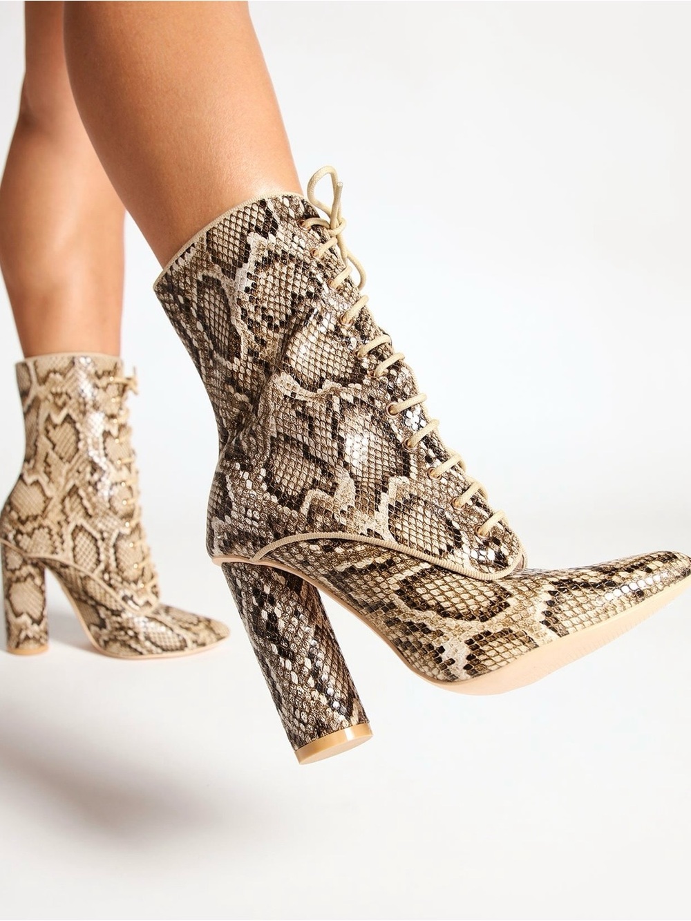 Fashion Nova Beige Snake-Print Lace-Up Block Heel Ankle Boots